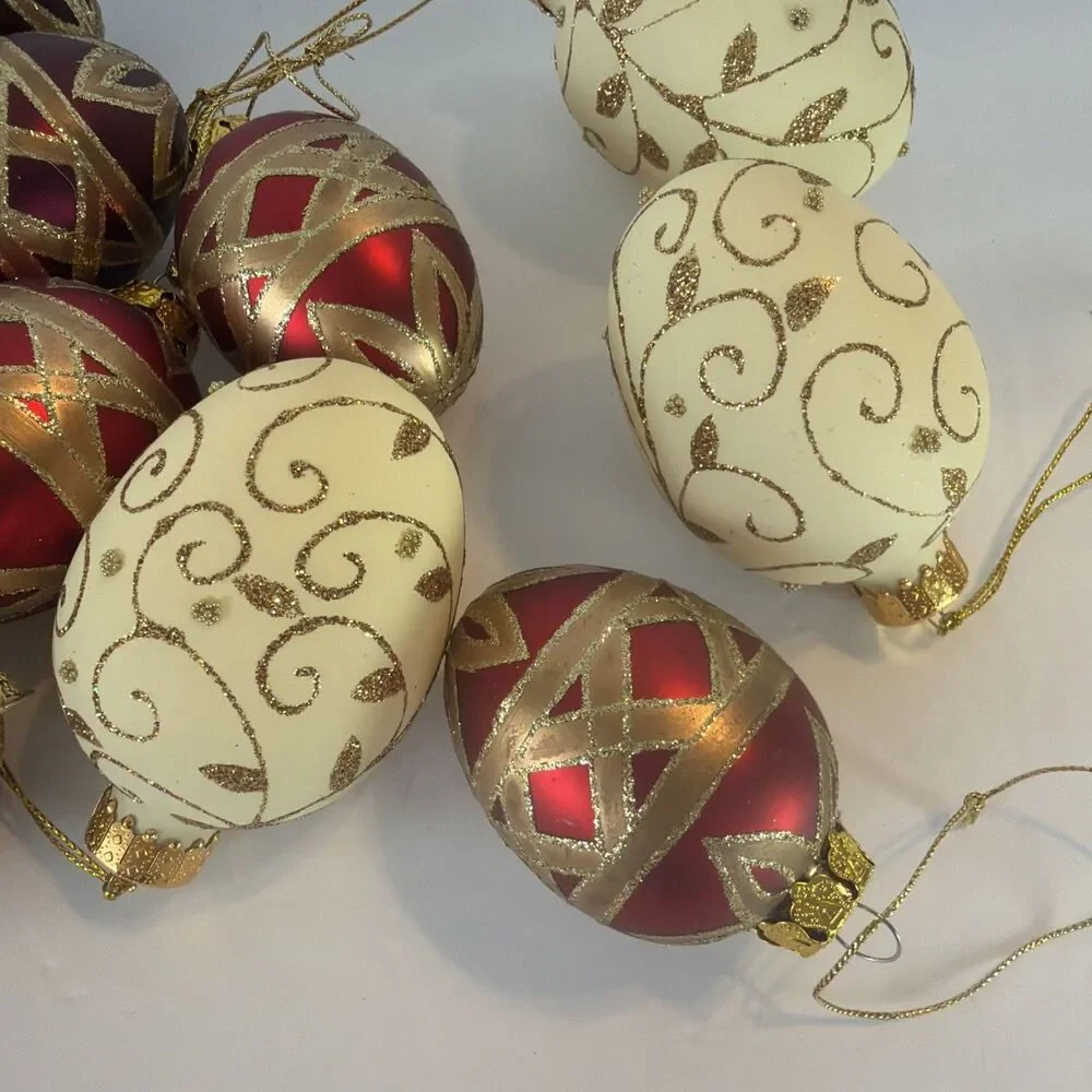 12 Shatterproof Egg Christmas Ornaments Burgundy White Gold Glittered Floral Lot